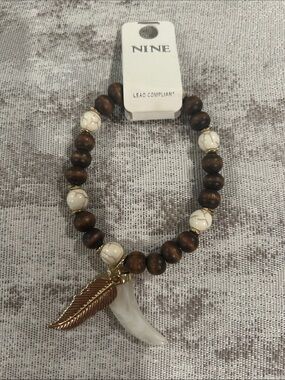 Brown Wood Bead Stretch Bracelet with Cream Stone Beads & Gold Leaf Charm